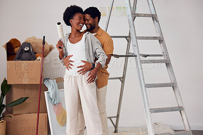 Buy stock photo Love, pregnancy or black couple hugging in home renovation, diy or house remodel together by apartment ladder. Forehead, partnership or African man with pregnant woman excited about baby or family 