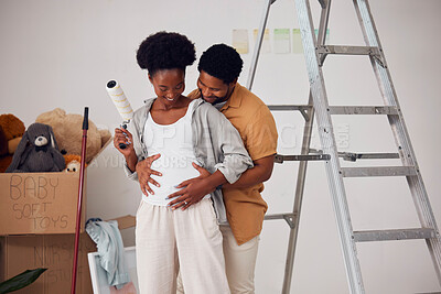 Buy stock photo Love, pregnancy or happy couple hugging in home renovation, diy or house remodel together by apartment ladder. African people, painting or black man with pregnant woman excited about baby or family 