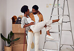 Love, lifting or black couple in home renovation, diy or house remodel together by apartment ladder. Happy lovers, partnership or African man with pregnant woman excited about baby or family property