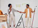 Painting, holding hands or happy black couple in DIY, home renovation or house remodel together with paintbrush. Playing, smile or African man laughing with woman working with teamwork in partnership