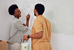 Heart painting, love or black couple home renovation, diy or house remodel laughing together with paintbrush. Happy smile, woman and funny African man with partnership, team work or collaboration 