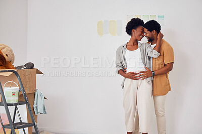 Buy stock photo Forehead, pregnancy or black couple hugging in home renovation, diy or house remodel together by apartment. Lovers, partnership or African man and pregnant woman excited about baby or new family 