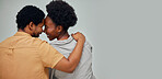 Mockup, wall background or black couple love DIY, home renovation or house remodel together on floor. Back view, forehead or African man with a happy woman hug working with teamwork in partnership 