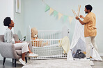 Pregnant, baby room and black couple happy to prepare family home with tablet for interior design. Man and woman together talking about excited pregnancy future, love and life insurance in bedroom