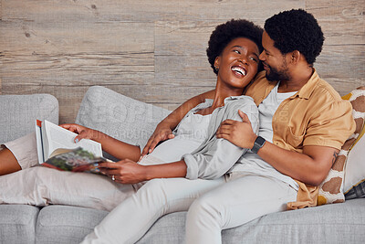 Buy stock photo Pregnant, black couple and reading book while talking and happy on lounge couch. Man and woman together excited for learning for pregnancy future, love and gynecology education for healthy lifestyle