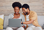 Laughing, funny and black couple with a laptop for social media, movie and meme on the sofa. Internet, comic and African man and woman watching a show, reading email or comedy entertainment on a pc