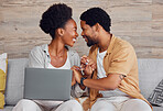 Laptop, pregnancy and black couple on sofa holding hands, excited and planning baby arrival with app online. Pregnancy, love and support, man and pregnant woman on couch with internet in living room.