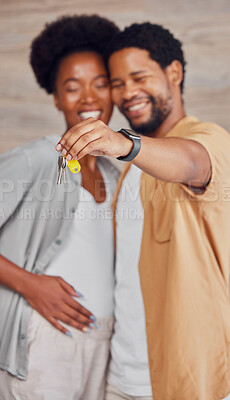 Buy stock photo Real estate, property and black couple with keys to a house during a pregnancy. Showing, mortgage and happy African man and woman in a family home while pregnant for housing, homeowner and relocation