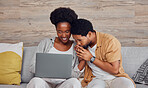 Laptop, pregnant woman and black man on sofa holding hands, excited and planning baby arrival with app online. Pregnancy, love and support, happy couple on couch with internet search in living room.