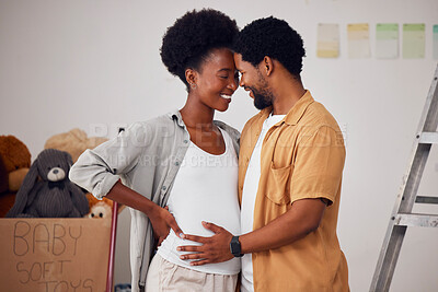 Buy stock photo Love, pregnancy or black couple hug in home renovation, diy or house remodel together by apartment ladder. Forehead, happy smile or African man and pregnant woman excited about baby or new family 