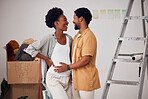 Love, pregnancy or happy black couple in home renovation, diy or house remodel together by apartment ladder. Hugging, romantic smile or African man and pregnant woman excited about baby or new family