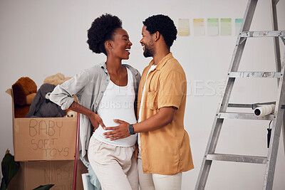 Buy stock photo Love, pregnancy or happy black couple in home renovation, diy or house remodel together by apartment ladder. Hugging, romantic smile or African man and pregnant woman excited about baby or new family