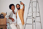 Love, selfie or happy black couple in home renovation, diy or house remodel together by apartment ladder. Photo smile, profile picture or African man and pregnant woman excited about baby or family