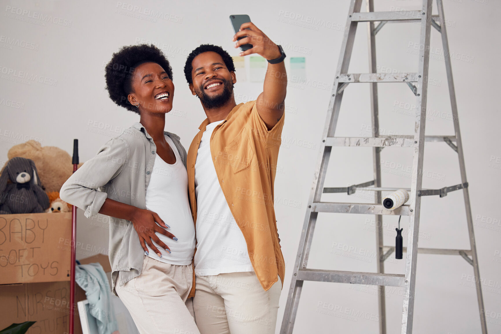 Buy stock photo Love, selfie or happy black couple in home renovation, diy or house remodel together by apartment ladder. Photo smile, profile picture or African man and pregnant woman excited about baby or family