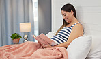 Pregnant woman, reading and book in home bedroom happy for education and development. Person read mockup story for gynecology knowledge, pregnancy information and learning about body and health