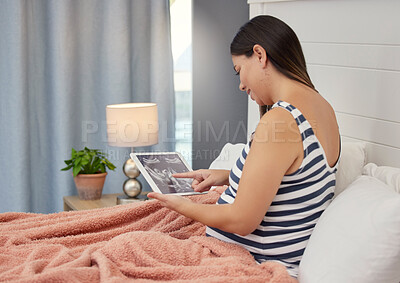 Buy stock photo Pregnant, woman and tablet ultrasound in home bedroom for development or growth. Person with internet connection for telehealth, pregnancy update and health check with online sonogram photograph