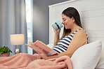 Pregnant woman, reading and tea and book in home bedroom for education and development. Person with mockup story and coffee for gynecology knowledge, pregnancy information and learning about health