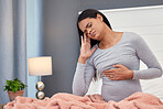 Pregnancy, headache and woman in bed, pain and stress with maternity issues, anxiety and touching stomach. Pregnant, female and lady with ache, migraine and contractions in bedroom and frustrated