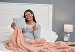 Woman, pregnant and tablet for video call in home bedroom for communication or online consultation. Person happy with connection for gynecology telehealth, pregnancy update and talking about health