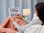 Pregnant, ultrasound scan and mother with tablet in bed with digital x ray of baby, infant and child at home. Pregnancy love, family home and happy woman excited with prenatal picture in bedroom