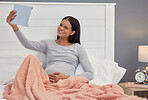 Pregnant woman, tablet and video call in home bedroom happy for communication or online consultation. Person with wifi connection for gynecology telehealth, pregnancy update and talking about health