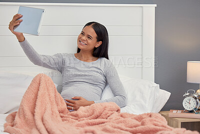 Buy stock photo Pregnant woman, tablet and video call in home bedroom happy for communication or online consultation. Person with wifi connection for gynecology telehealth, pregnancy update and talking about health