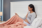 Tablet, pregnant woman and video call with hand wave in home bedroom for online consultation. Person with wifi connection for gynecology telehealth, pregnancy update and communication about health