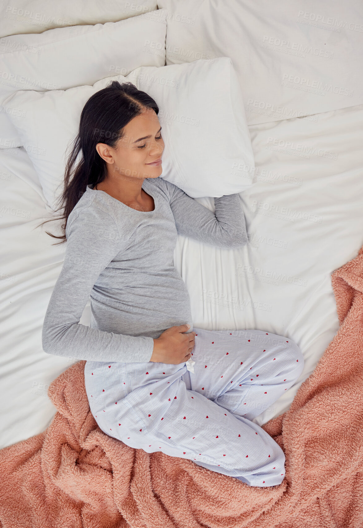 Buy stock photo Top view, pregnant and woman sleeping in bedroom for peace, healthy childbirth and wellness. Pregnancy, tired mom and asleep for rest in house, home and relax for calm lifestyle, break and maternity