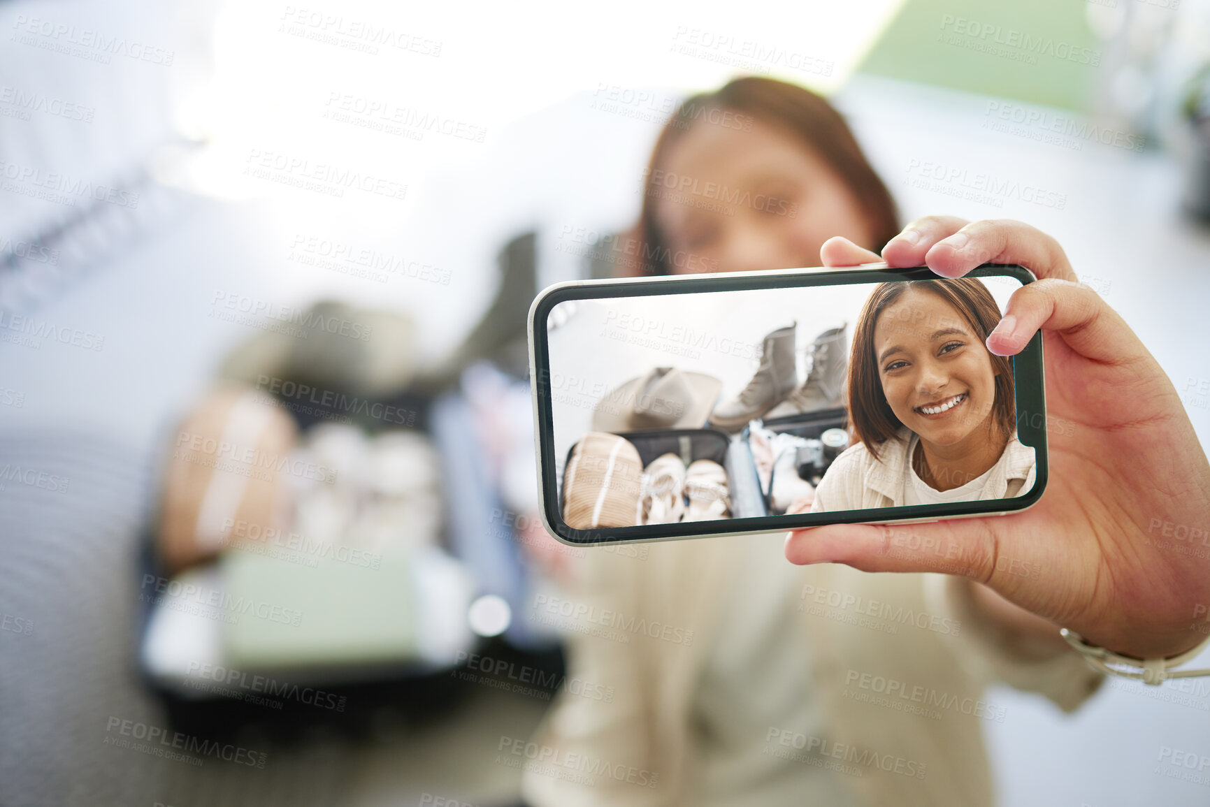 Buy stock photo Selfie, hand and girl with a phone for travel, hotel bedroom and memory of a vacation. Smile, freedom and influencer girl with a mobile photo during a holiday for social media and live streaming