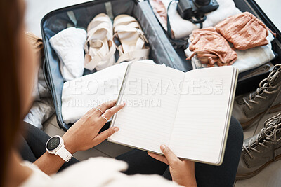 Buy stock photo Travel, suitcase and notebook with hands of woman for planning, vacation and packing clothing. Journey, luggage and adventure with journal planner and traveller for holiday, tourism and abroad trip