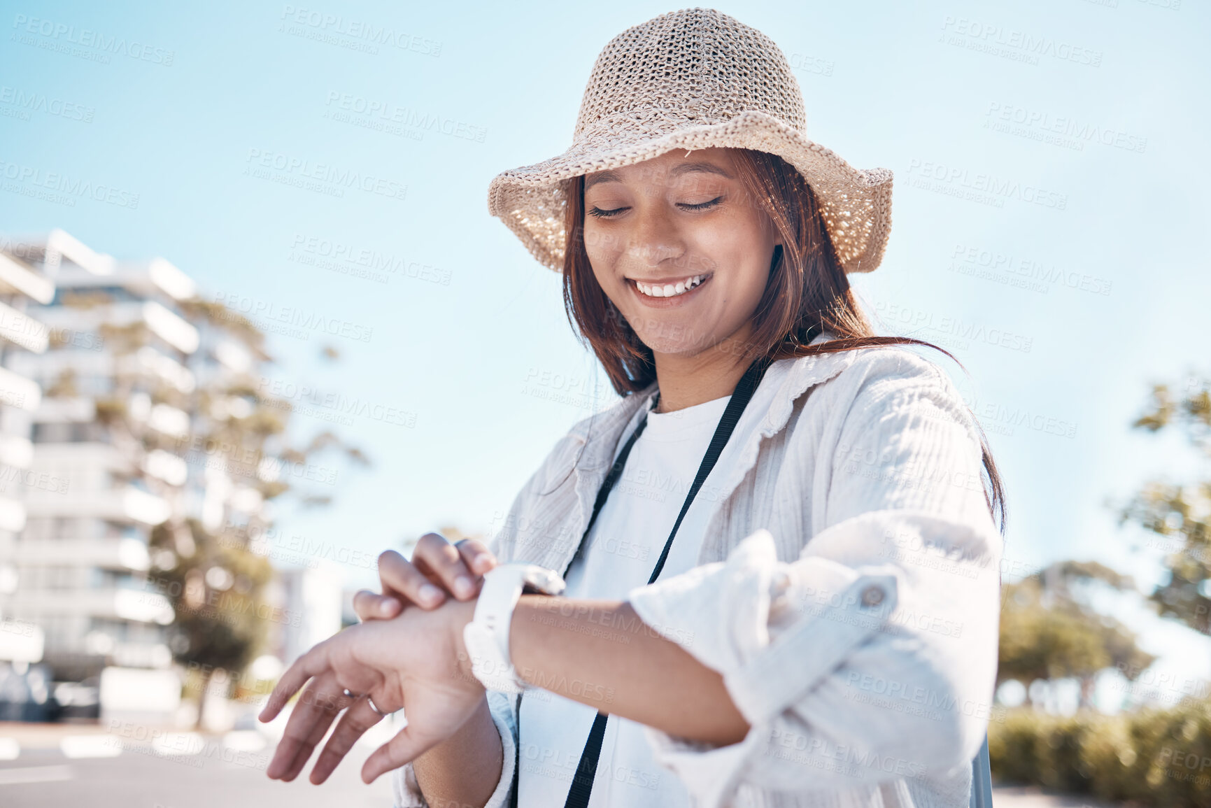 Buy stock photo Woman, city and check time on street for taxi, travel or transportation in summer, holiday and urban adventure. Girl, smile and outdoor for transport in metro, road and cbd for vacation with watch