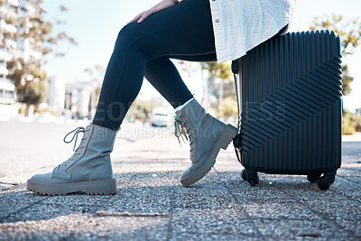 Buy stock photo Travel, city and shoes of woman with suitcase ready fpr destination holiday, weekend and vacation. Traveling, journey and feet of girl in urban street with luggage waiting for cab, taxi or transport