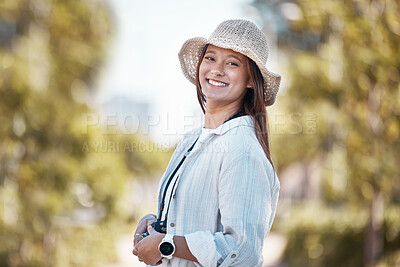 Buy stock photo Woman, park portrait and outdoor with smile, travel and  summer on holiday, urban adventure and happy. Girl, excited face and happiness for vacation, sunshine and relax with freedom, youth or tourism