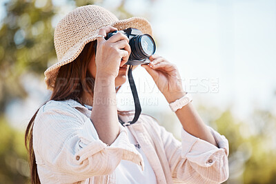 Buy stock photo Woman, tourist and photography in nature with camera for travel, adventure or sightseeing scenery. Female photographer taking photo or picture for memory, destination or location in the outdoors
