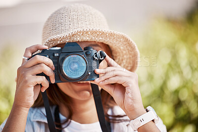 Buy stock photo Woman, hands and camera lens in photography for nature travel, adventure or sightseeing scenery. Female photographer in focus taking photo or picture for memory, destination or location outdoors