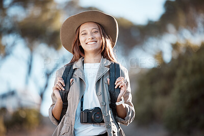 Buy stock photo Portrait, hiking and woman in nature, fitness and exercise for wellness, fresh air or freedom. Face, female tourist in forest or lady in mountains, hiker or on holiday for adventure, journey or relax