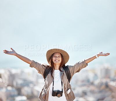 Buy stock photo Woman, mountain and hands open with cityscape, mockup and training for holiday, summer and wellness with sky. Girl, travel and success with city skyline, goals and happiness in morning sunshine