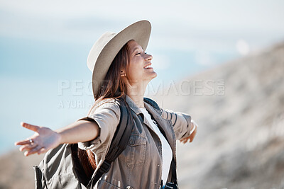 Buy stock photo Woman, mountain and hands open to celebrate life and hiking for holiday, summer and training for wellness. Girl, travel and smile with achievement, success goals and mountains in morning sunshine