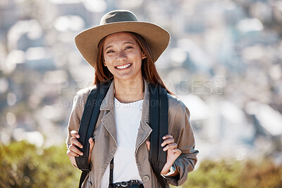 Buy stock photo Woman, tourist and portrait smile for travel, hiking adventure or backpacking journey on mountain in nature. Happy female hiker smiling and enjoying trekking, trip or scenery on blurred background