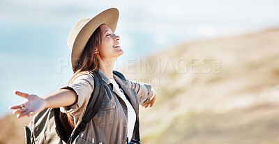 Buy stock photo Woman, tourist and smile for travel freedom, hiking adventure or backpacking journey on mountain in nature. Female hiker smiling with open arms enjoying fresh air, trekking or scenery on mockup