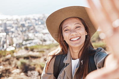 Buy stock photo Portrait, woman and selfie in nature for travel, relax and hiking against city background. Face, girl and fitness influencer live streaming for social media, blog or post, smile and profile picture