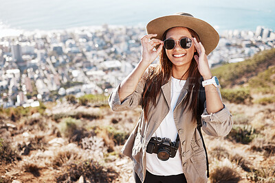 Buy stock photo Portrait, travel and woman photographer hiking in nature, happy and relax on adventure on cityscape. Face, photography and girl student backpacking, sightseeing and on a solo trip in South Africa