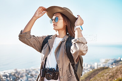 Buy stock photo Travel, photographer and woman with camera in nature, happy and relax on adventure on blue sky background. Freedom, photography and girl student backpacking, sightseeing and solo trip in South Africa