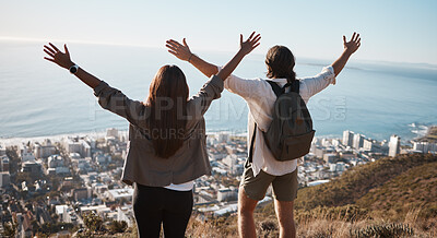 Buy stock photo Success, back and couple on a mountain for hiking, fitness achievement and travel freedom. Motivation, happy and man and woman with celebration on an adventure walk and view of the city in Brazil