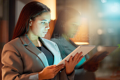 Buy stock photo Night business, woman and tablet at window for planning, data analytics and iot innovation. Female worker, digital tech and working late with reflection, website and internet search in dark office 