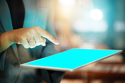 Buy stock photo Hands, tablet green screen and office mockup at night for planning, research or web design tech. Woman, mobile touchscreen mock up and blurred background with bokeh, code app ui and cloud computing