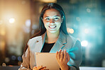 Corporate, woman and tablet in office at night for planning, research and web design with technology. Young executive, mobile touchscreen and blurred background, bokeh or coding app in dark workplace