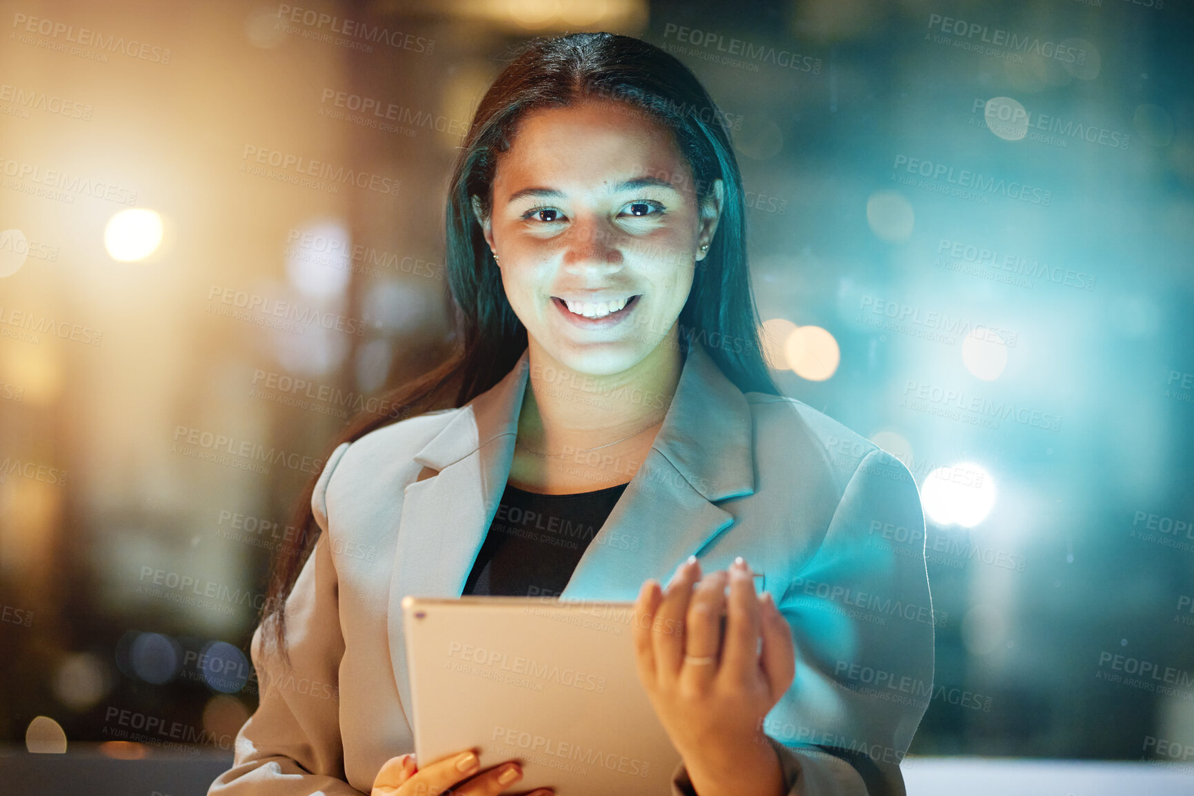 Buy stock photo Corporate, woman and tablet in office at night for planning, research or web design technology. Young worker, mobile touchscreen mockup and blurred background with bokeh, code app and dark portrait