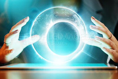 Buy stock photo Closeup, woman with tablet and hands with hologram, global communication and networking for business growth. Zoom, female developer and web designer with device, holographic, data analytics and graph