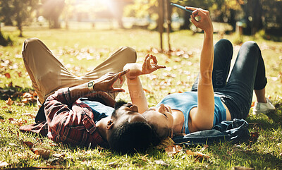 Buy stock photo Love, selfie and couple in park, grass and bonding with romance, dating and relationship. Romantic, man and woman with smartphone, peace sign and loving together, happiness and outdoor for fun or joy